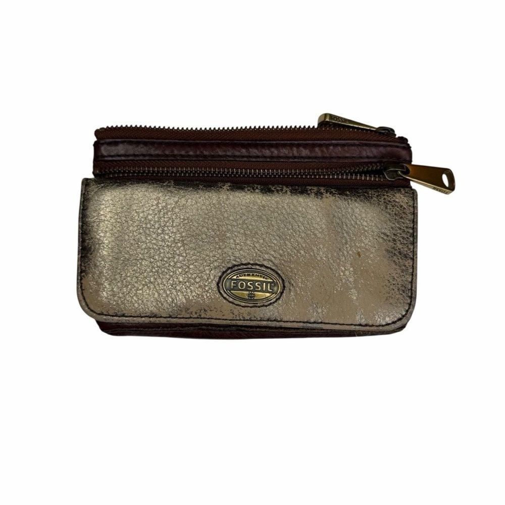 Fossil Metallic Gold Distressed Leather Bifold Wallet Brown Zip Pocket - Picture 6 of 6